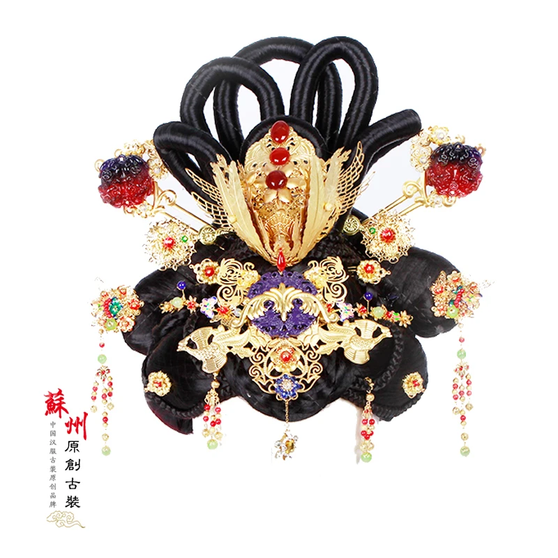 Cross-Gender Uni-sexual Tang Dynasty Princess Empress Hair wig and Hair Accessories for Stage Performance or TV Play Cosplay