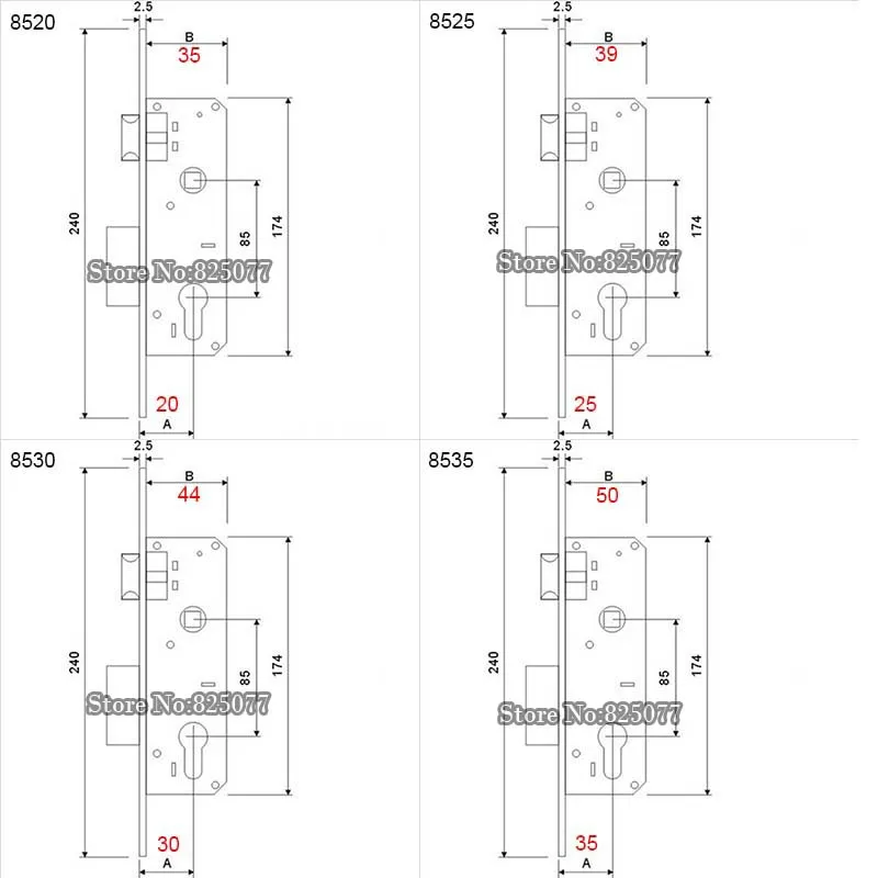 1PCS Brand New European Style Narrow Mortise Lock Body Aluminum Door Lock 8520/8525/8530/8535 Lock Body KF195