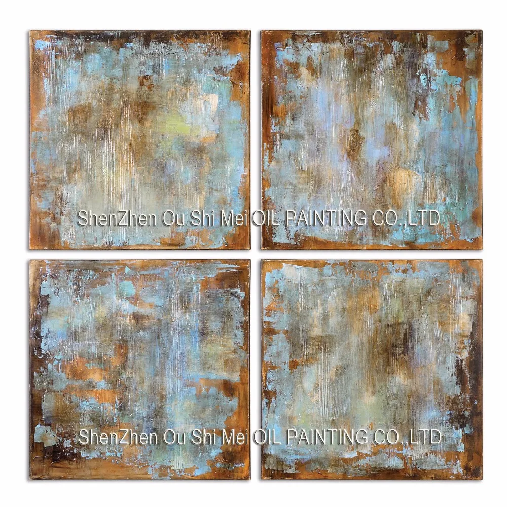 Handmade Modern Oil Painting On Canvas Blue Brown Abstract on Canvas 4Pcs Paintings for Living Room Wall Decor Picture Art