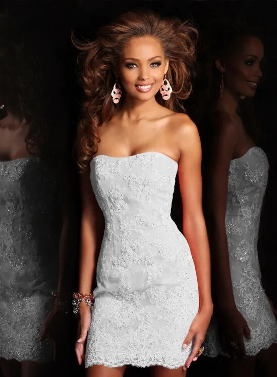 Abito da sposa bianco puro senza spalline corto alto basso di nuovo Design con gonna rimovibile rimovibile con paillettes di pizzo di cristallo