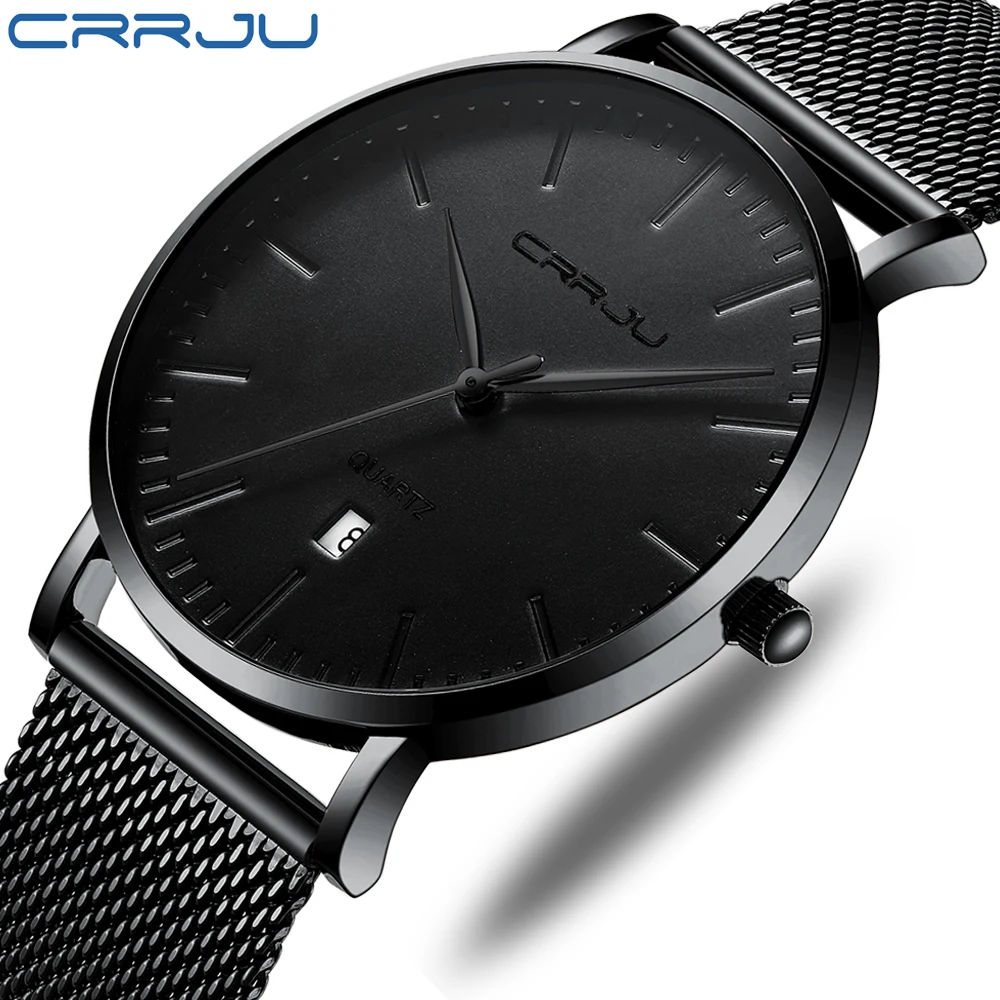 CRRJU Simple Ultra thin Quartz Watch Stainless Steel Mesh Strap Men\'s Watches Fashion Waterproof Clock Men Casual Wristwatches