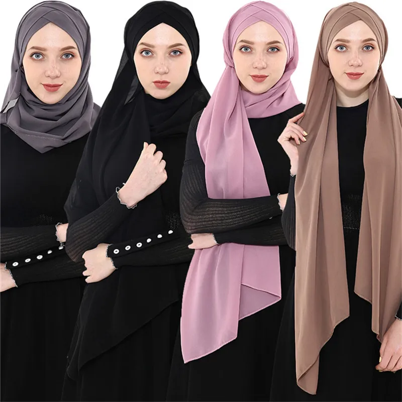 2019 Fashion Women Muslim Scarf Soft Solid Chiffon Instant Hijab Shawls Headscarf Easy Ready To Wear Islamic Wrap Head Scarves