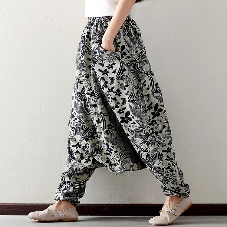 

Summer Big Crotch Floral Baggy pants Casual Fluid Boho Low Drop Crotch Bloomers Elastic Waist Indian Nepal loose Harem Pants A52