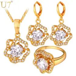 U7 Cubic Zirconia Wedding Jewelry Sets For Women Yellow Gold Color Rose Flower Earrings Ring Necklace Set For Women S727