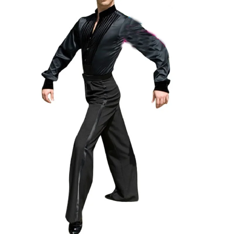 Latin Dance Shirts Men Black Long Sleeve Male Ballroom Salsa Samba Dancewear Professional Competition Men\'S Dance Top DNV10308