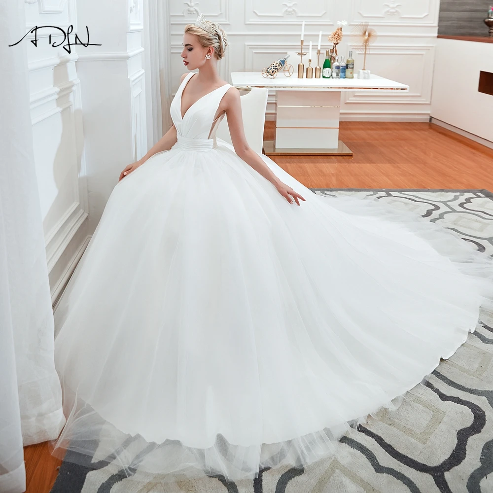 Adln simples uma linha vestidos de casamento cetim com decote em v vestidos de noiva robe de mariee trem varredura tule macio princesa branco vestidos de noiva