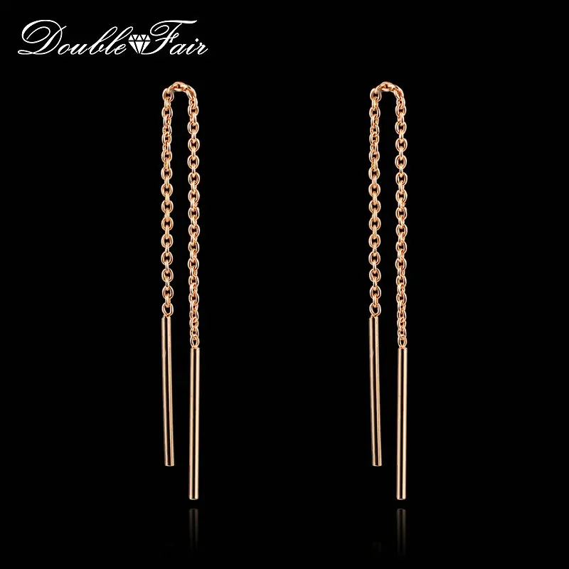 Double Fair OL Style Long Chain Drop Dangle Earrings White Rose Gold Color Fashion Jewelry Strike Bar Ear Cuff For Women DFE236