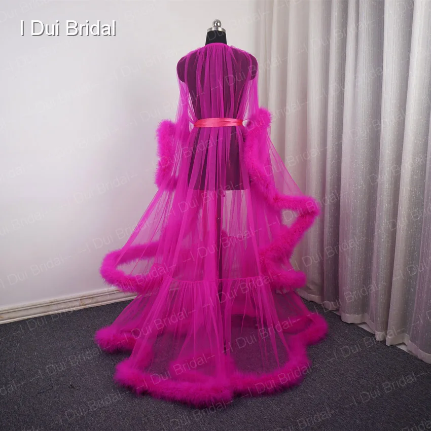 Fuchsia Feather Tulle  Evening Dress Long Sleeve Robe Scarf Party Gown School Dancing Wear