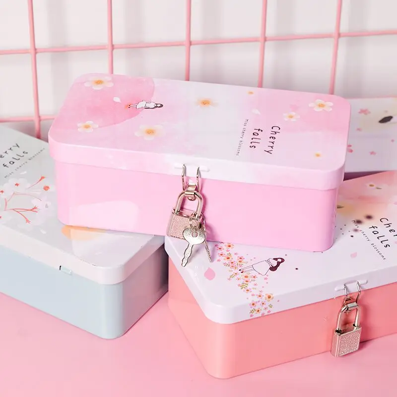 Creative Tinplate Box With  Storage Box Lockable small storge box for Desktop Cosmetic Jewely Sundries Iron Box with Lock Lovly