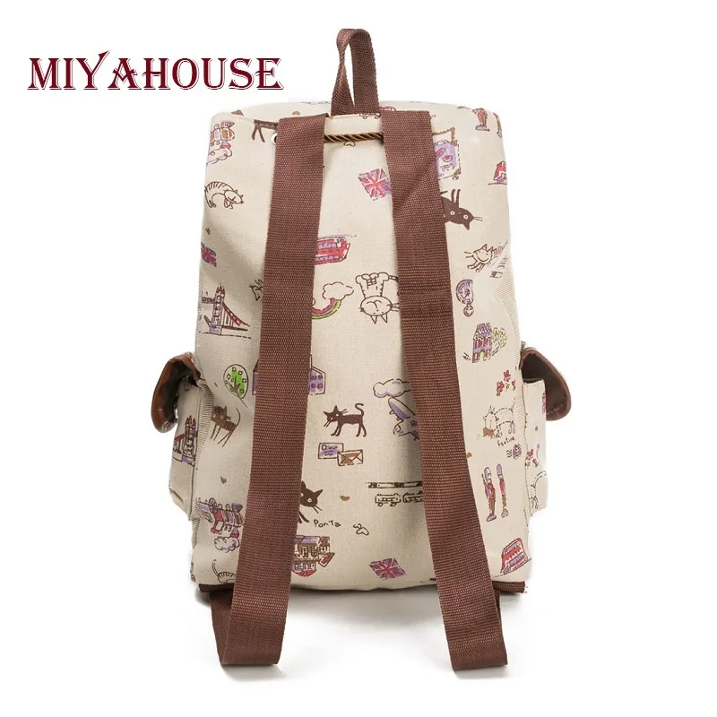 Miyahouse Casual Canvas School Backpack Women Lovely Cat Printed Drawstring Backpack Teenager Large Capacity Ladies School Bag