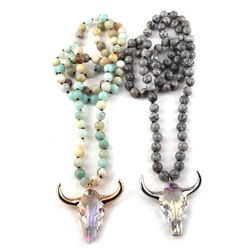 Fashion Bohemian Jewelry Semi Precious Stones Long Knotted Crystal Horn Pendant Necklaces For Women Ethnic Necklace