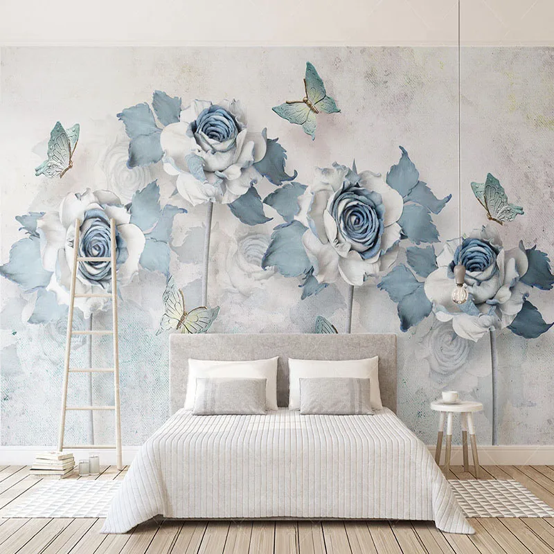 

Custom Canvas Mural Wallpaper 3D Blue Flowers Butterfly Wall Painting Living Room Bedroom Romantic Decor Mural Papel De Parede