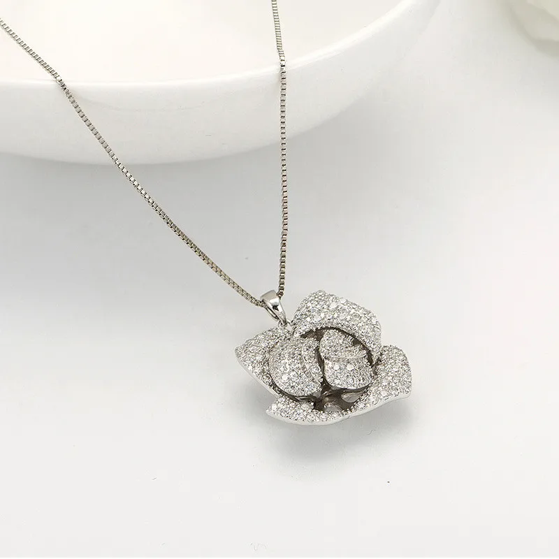 FXLRY New Design Romantic White CZ Cubic Zircon Flower Drop Pendant Necklace And Earrings Jewelry Set Jewelry