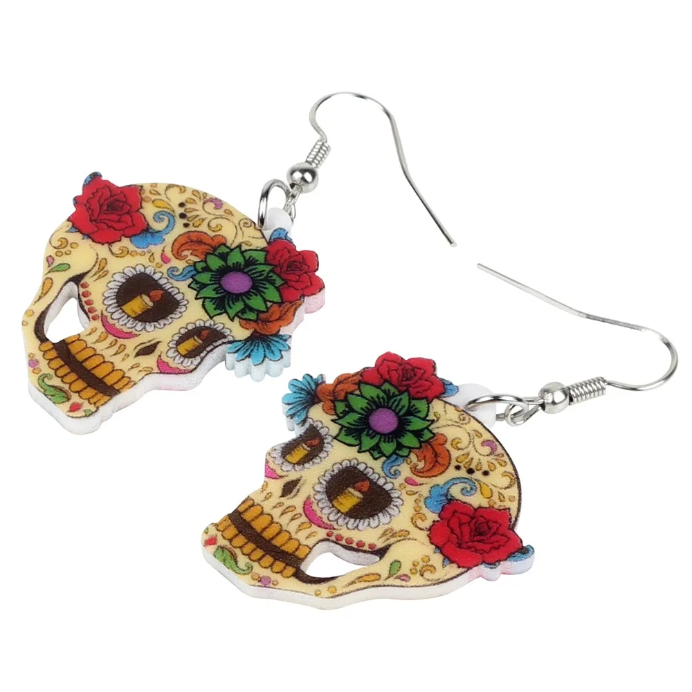 Bonsny-pendientes acrílicos con forma de calavera para mujer y niña, aretes colgantes con diseño Floral clásico de Halloween, joyería a la moda,