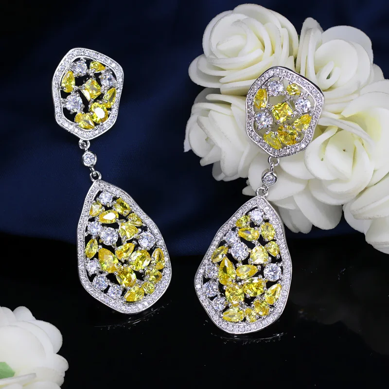 CWWZircons Irregular Design White Gold Color Long Drop Gorgeous CZ Crystal Yellow Stone Earrings for Women Jewelry CZ288