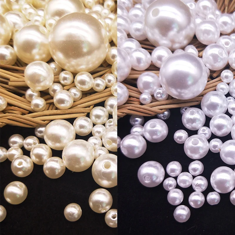 White / Beige Straight Hole Imitation Pearl Beads Shiny Smooth DIY Bracelet Necklace Crafts Jewelry Accessories 3-25 mm