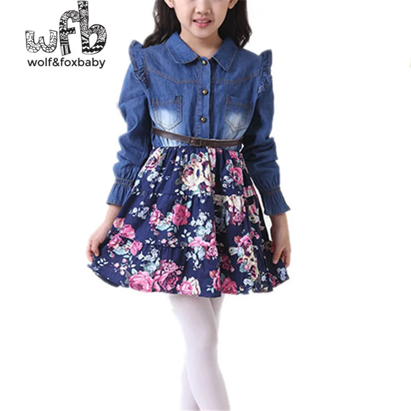 Retail 2-6 years dress full-sleeves Splicing floral Denim dress lovely kids children spring autumn fall