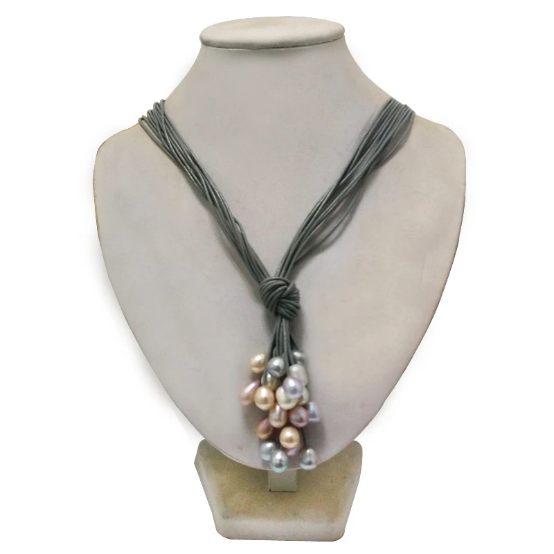 36 inches 10 rows Gray Leather Multicolor Oval Pearl Leather Cord Women Handmade Necklace