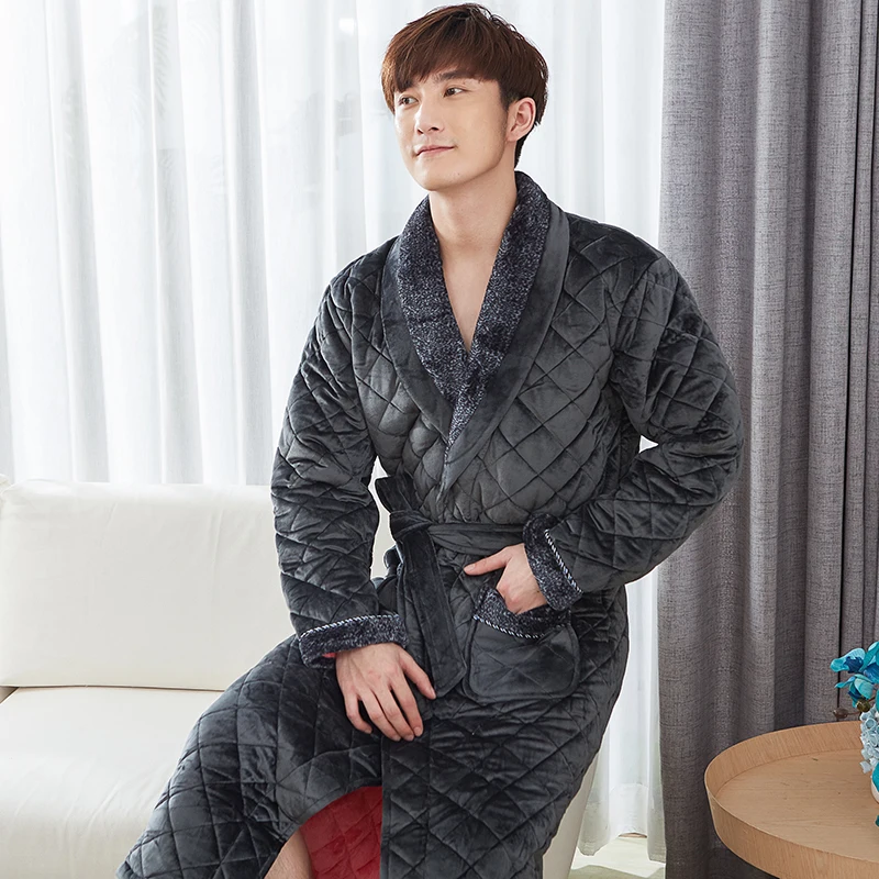 Thick 3 Layers Warm Winter Bathrobe Men Soft Flannel Quilted Long Kimono Bath Robe Male Dressing Gown for Mens Coral Fleece Robe