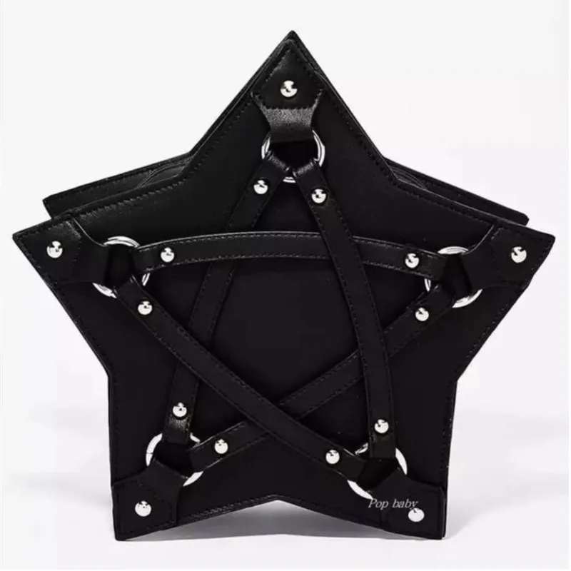 JIEROTYX Dark Gothic Pentagram Shoulder Bag Unisex Punk Designer Casual Totes Women Fashion Retro Handbag Gifts Black Leather