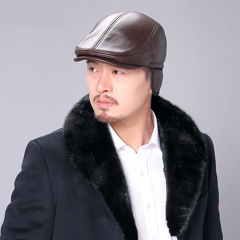 RY101 Men Genuine Leather Casual Warm Black/Brown Fitted Berets Hats Middle/Old Aged Boinas Para Hombres Forward Cap For Male