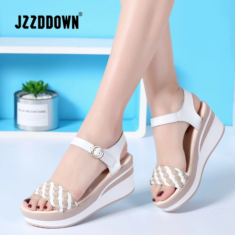 JZZDDOWN Female Sandals Shoes Wedge Platform Leather Ladies Buckle Sandals High Heels Woven Strap Sandals For Women Summer