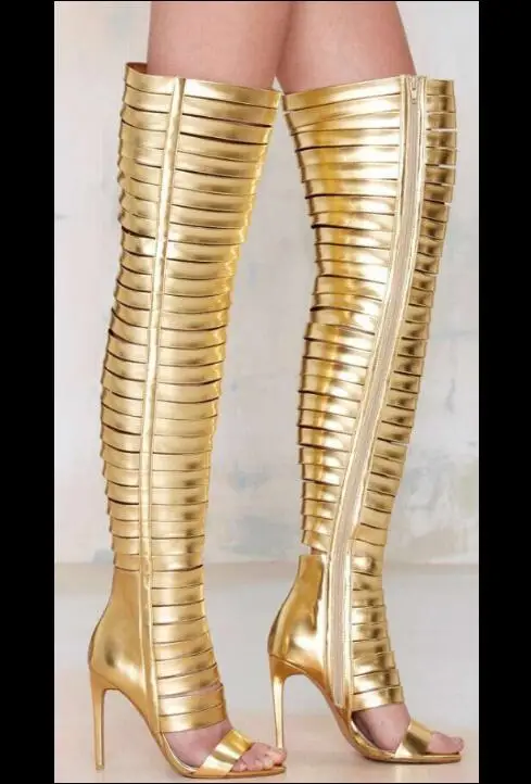 

Sexy Open Toe Ladies High Heel Boots Bright Gold Leather Straps Women Over The Knee Boots Female Gladiator Boots Party Shoes