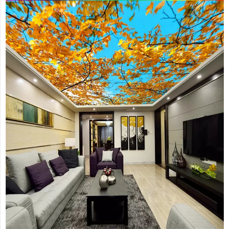 

beibehang Modern minimalist interior decoration wall paper sky white clouds autumn leaves ceiling zenith background 3d wallpaper