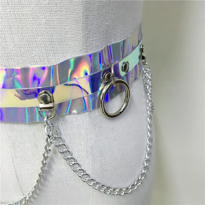 Women Punk Shiny Laser Dazzle Color Leather Waist Belt 2023 Fashion Body Harness O Ring Holographic Sexy Chain Buckles Belts