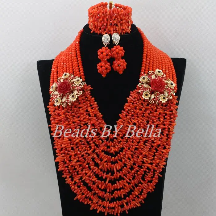 

Bridal Lace Jewlery Nigerian Wedding African Beads Jewelry Set Orange Coral Beads Women Costume Fashion Set Free Shipping ABF469