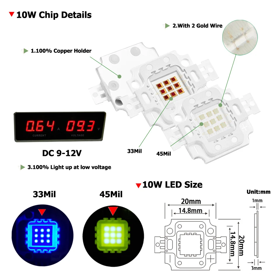 High Power 10W LED chips 33mil SMD COB Diode light Epistar Bulb Light WW/NW/W/CW Color For led Spotlight Floodlight DIY lamps