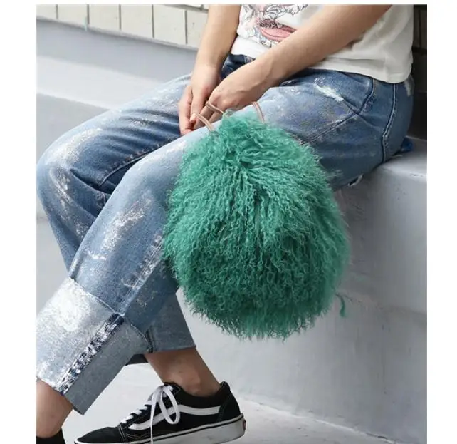 New Winter Bucket Real Fur Shoulder Bags Japan Beach Wool Cylinder Handbag Wool Plush Women Bag Crossbody Handbag purse