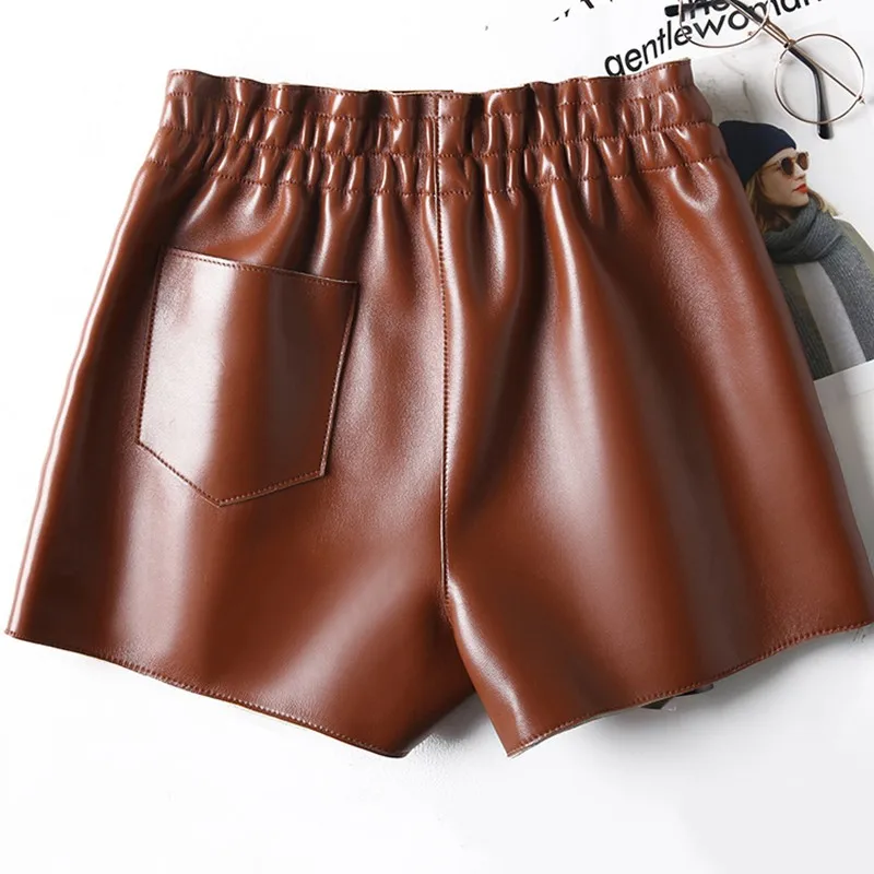 Spring Shorts Women Sheepskin Genuine Leather Shorts Black Brown Leopard Print High Waist Pocket Short Feminino Sexy Hot Shorts