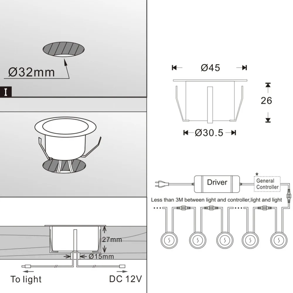 45mm 10/20/30 IP67 방수 DC12V Recessed LED 갑판 조명 야외 램프 조경 빛 마당 정원 통로 계단 파티오