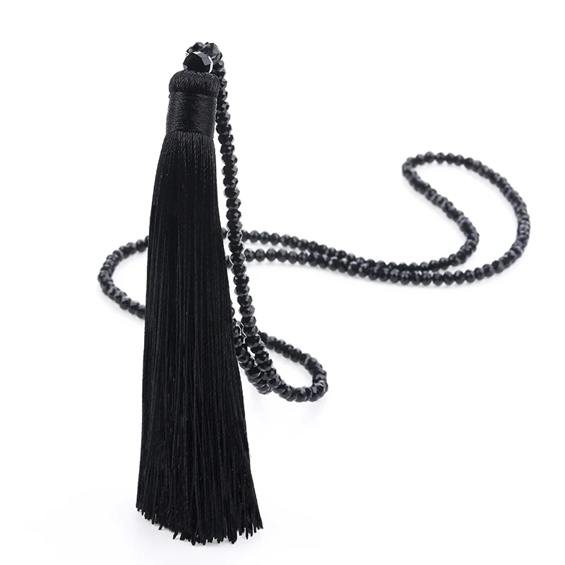 Fashion 14 Colors Long Fringe Silk Tassel Necklace Women Glass Bead Crystal Pendant Necklaces Statement Vintage Bohemian Jewelry