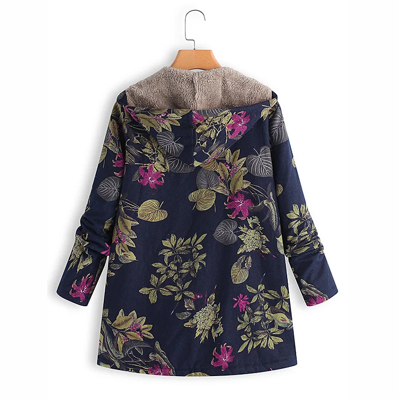 Printed Hooded Winter Women's Jacket cotton and Linen Vintage Slim Sweatshirt Medium Long Sleeve Warm Velvet Coat Female Outwear