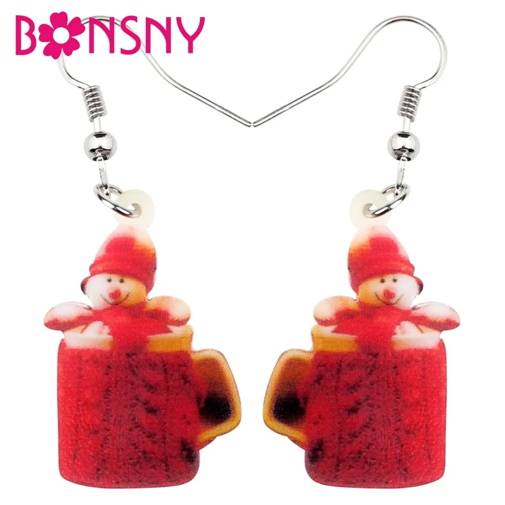 Bonsny Acrylic Christmas Cute Snowman Cup Earrings Drop Dangle Navidad Gift Jewelry For Women Girls Ornaments Charms New Year