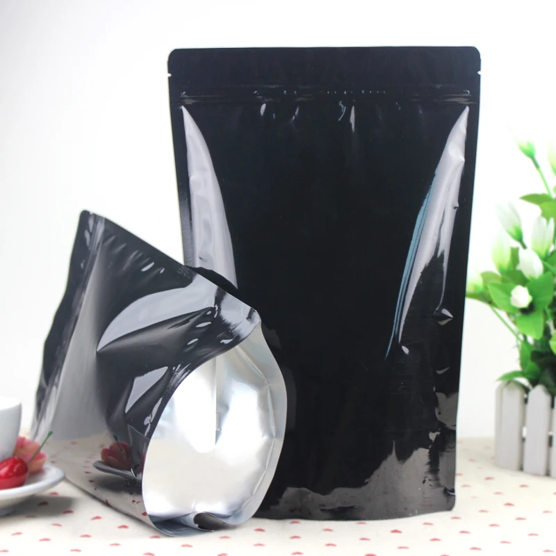 

High Quality 50pcs/lot Heat Seal Zip Lock Package Bags Aluminum Foil Mylar Tear Notch Glossy Black Stand Up Bag Retail