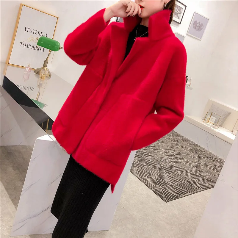 new women imitation mink cashmere coat autumn winter Korean loose Super soft candy color sweater female knit cardigan coat thick