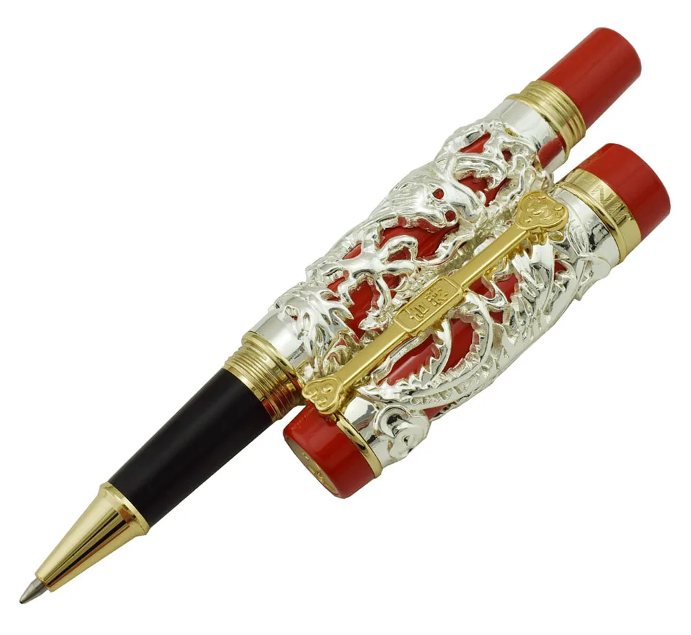 Jinhao Dragon Phoenix Vintage Luxurious Rollerball Pen, Metal Carving Embossing Heavy Pen, Noble Silver & Red for Office School