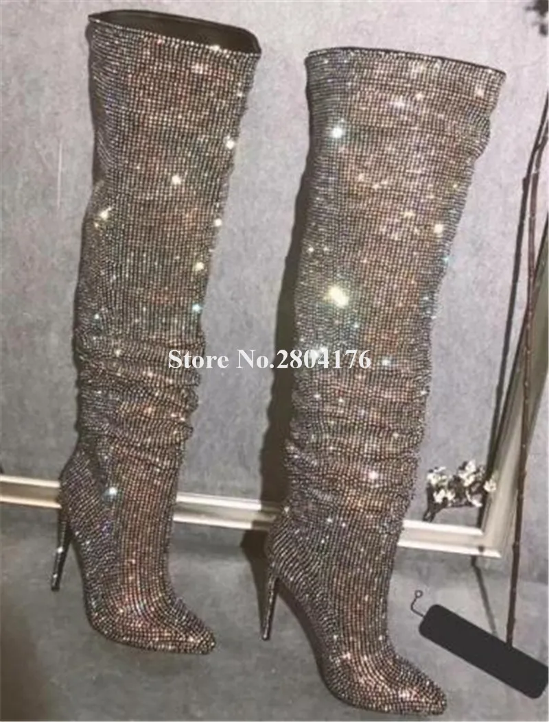 

Newest Women Luxury Bling Bling Pointed Toe Rhinestone Over Knee Boots Crystal Spike Hee Long Boots Club Shoes Wedding Shoes