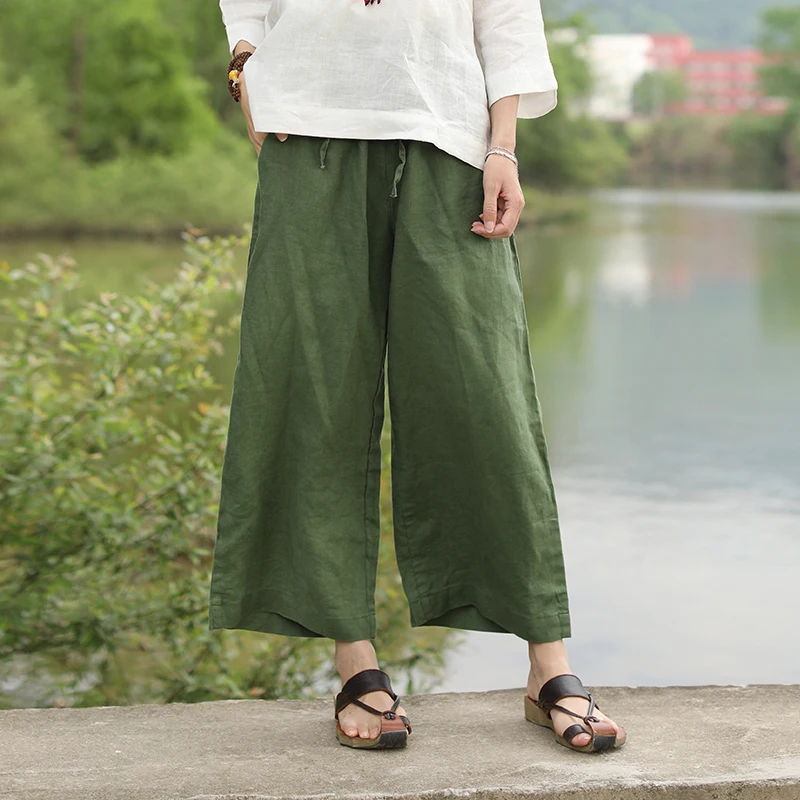 LZJN-Ankle Length Summer Pants for Women, Wide Leg Trousers, Casual Linen Pants, Elastic Waist Ladies Capris, Quality Binding,
