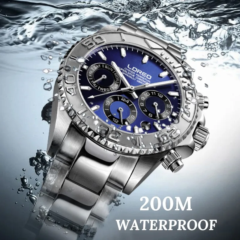 LOREO 200m Waterproof Automatic Watches Men self wind Top Brand Sapphire Mechanical seagull watch Calendar Luminous Diving Watch