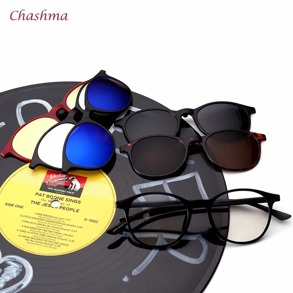 

Chashma Brand 5 Clips Sunglasses Male Round Frame TR90 Polarized Sun Glasses Vintage Magnet Eyeglasses for Female