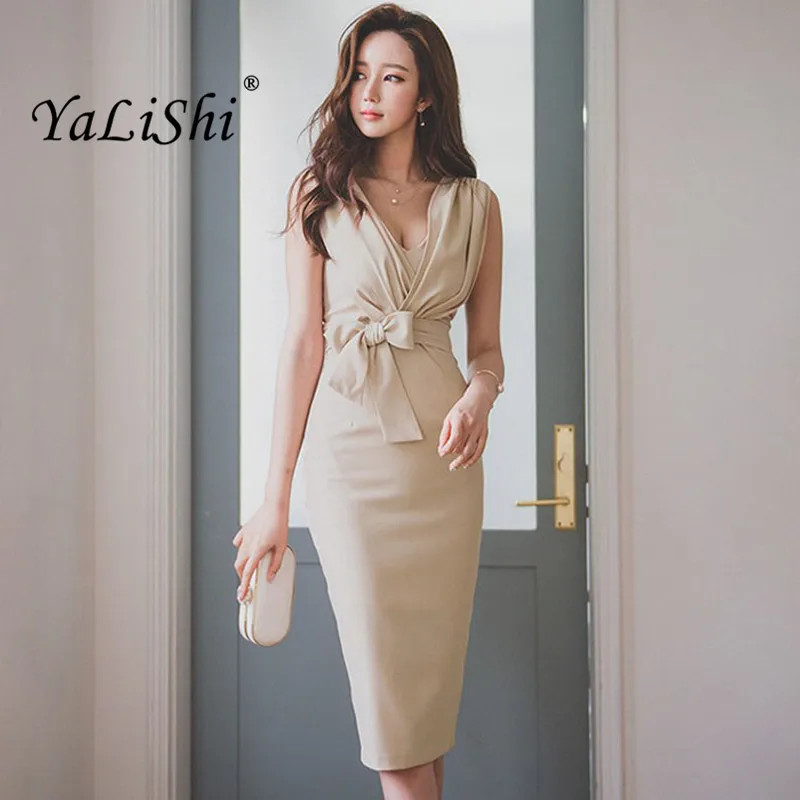 

Summer Dresses V-Neck Sleeveless Bow Women Dress Office Bandage Bodycon Sexy Party Sundress Elegant Socialite Dress Vestidos