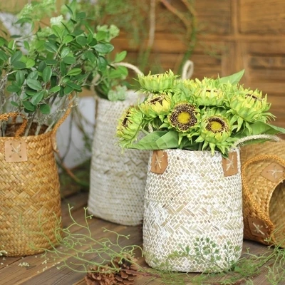 Natural seaweed baskets, straw baskets, flower tube, storage baskets, retro decoration American country handicraft weaving