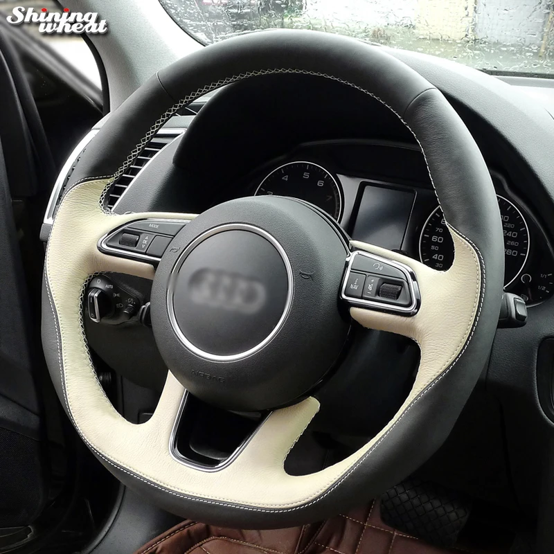 

Shining wheat Black Beige Leather Hand-stitched Car Steering Wheel Cover for Audi Q3 Q5 2013-2015 Q7 (4L) 2011-2015 SQ5 (8R)