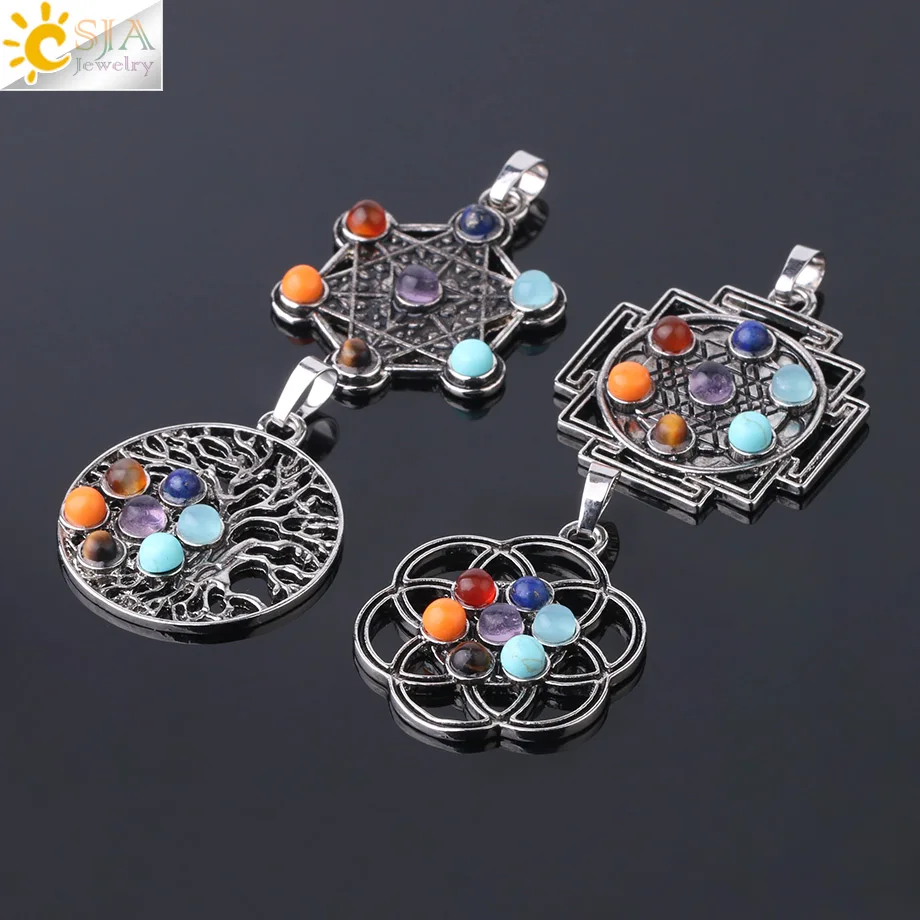 CSJA Merkaba Antique Silver Color Pendant Necklace Spiritual Reiki Religion Symbol 7 Chakra Life Tree Circle Charm Pendants F767