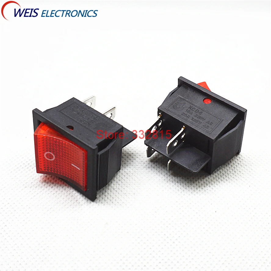 5PCS KCD4 Rocker Switch With Red Light / GREEN  4PIN I/O 31*25mm ( KCD4-201 ) 16A/250V AC Button