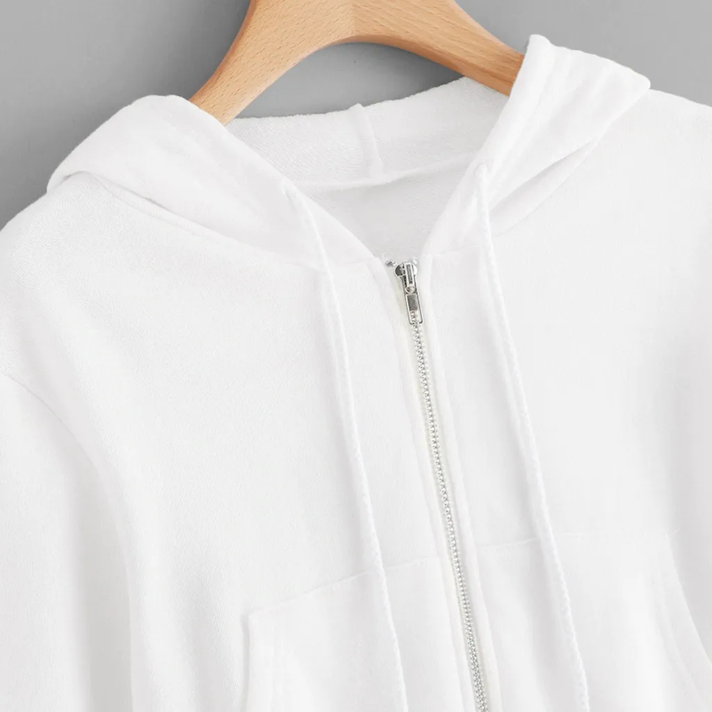 Zipper Sweatshirts Coat Women Autumn Casual Solid White Long Sleeve Short Hooded Sweatshirt Women Hoodies Tops Sudadera Mujer